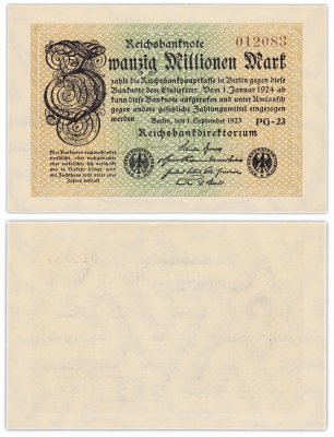 купить Германия 20 миллионов марок 1923 (Pick 108) Без знака номера