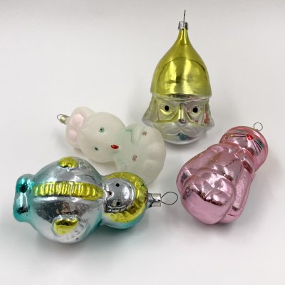 купить Набор из 4-х ёлочных игрушек разных форм, стекло, металл, краска, СССР, 1950-1970 гг.