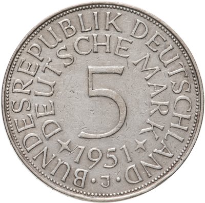 купить Германия 5 марок 1951 J знак монетного двора: "J" - Гамбург