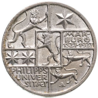 купить Германия 3 рейхсмарки (reichsmark) 1927 A "400 лет Марбургскому университету имени Филиппа"