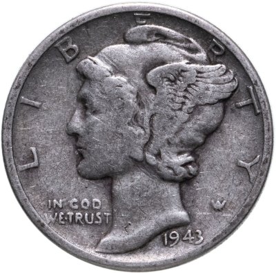 купить США 10 центов (дайм, one dime) 1943 Mercury Dime (дайм «Меркурий») без знака монетного двора