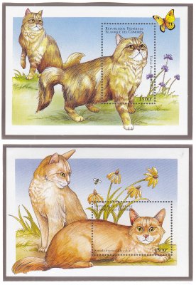 купить Коморы набор из 2-х почтовых блоков 1998 "Кошки мира" 1500 франков