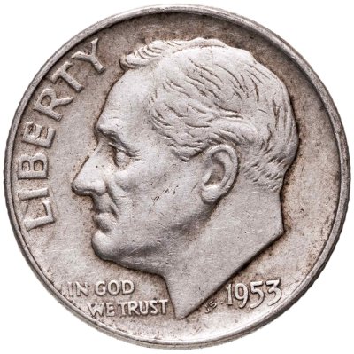 купить США 10 центов (дайм, one dime) 1953 D Silver Roosevelt Dime (Рузвельт) знак монетного двора "D" - Денвер