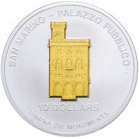 Купить Науру 10 долларов (dollars) 2005 Proof "Палаццо Публико, Сан-Марино" монета-трансформер с позолотой