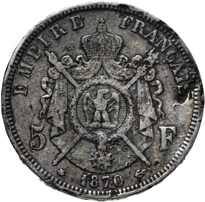 купить Франция 5 франков (francs) 1870 A