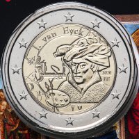 Купить Бельгия 2 евро (euro) 2020 "Ян ван Эйк", коинкарта, надпись на французском "BELGIQUE"