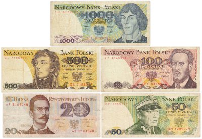 купить Польша набор из 5 банкнот 20, 50, 100, 500, 1000 злотых 1982-1988