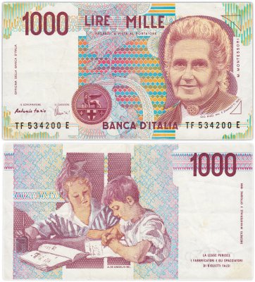 купить Италия 1000 Лир 1990 "Мария Монтессори. Школа Монтессори"(Pick 114с)