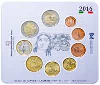 Купить Италия полный годовой набор евро для обращения 2016 (9 штук, включая юбилейные 2 евро, в официальном буклете BU)