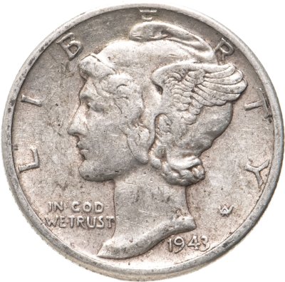 купить США 10 центов (дайм, one dime) 1943 Mercury Dime (дайм «Меркурий») без обозначения монетного двора