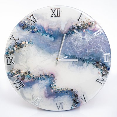 купить Часы настенные "Нежность", авторская ручная работа в технике Resin Art, Глянцевое 3D покрытие, натуральный камень, металл, Россия, 2021 г., стекло, Глянцевое 3D покрытие, МДФ, металл, Российская Федерация, 2021 г.