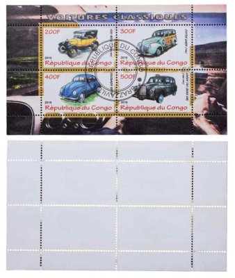 купить Конго марки квартблок "Автомобили. Ретро" 200, 300, 400, 500 франков 2010