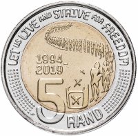 Купить ЮАР 5 рандов (rand) 2019 "25 лет конституционной демократии в Южной Африке - Демократические выборы"