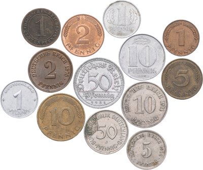 купить Германия набор из 13 монет 1, 2, 5, 10, 50 пфеннигов (pfennig) 1875-1992