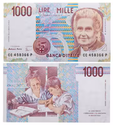 купить Италия 1000 Лир 1990 "Мария Монтессори. Школа Монтессори"(Pick 114)