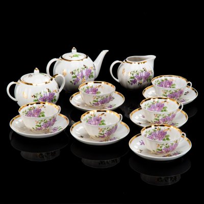 купить Сервиз чайный "Сирень" на 6 персон (15 предметов), фарфор, деколь, золочение, Дулевский фарфоровый завод (Дулёво), СССР, 1966-1968 гг.