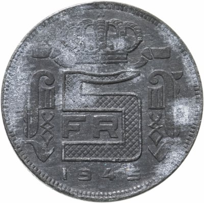купить Бельгия 5 франков (francs) 1945 Надпись на французском - 'DES BELGES'