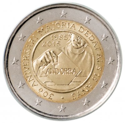 купить Андорра 2 евро (euro) 2015 "Возраст совершеннолетия" в официальном блистере