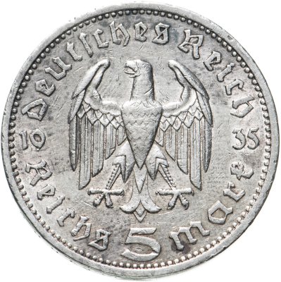 купить Германия (Третий Рейх) 5 рейхсмарок 1935, Двор А (Берлин), Орел без свастики (Гинденбург)
