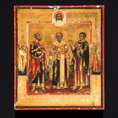 купить Икона "Святой Николай Чудотворец, Святой мученик Флор и Святой мученик Лавр с ангелом-хранителем и Святым Семионом на полях", дерево, темпера, золочение, Российская империя, 1840-1880 гг.