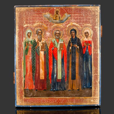 купить Икона "Избранные святые перед Иисусом Христом: Святая мученица Александра, святой священномученик Василий , святой Николай Чудотворец, святая преподобная Пелагия и святая мученица Вера", дерево, левкас, темпера, золочение, цировка, Российская империя, 1890-1915 гг.