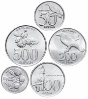 купить Индонезия набор 1994 -2003 год (птицы, растения) 25, 50, 100, 200 и 500 рупий (5 штук)