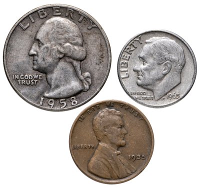 купить США набор из 3-х монет 1, 10 и 25 центов (cents) 1909-1964 с портретами Авраама Линкольна, Франклина Рузвельта и Джорджа Вашингтона