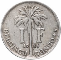 Купить Бельгийское Конго 1 франк (franc) 1925 Надпись на голландском - 'ALBERT KONING DER BELGEN'