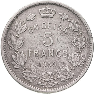 купить Бельгия 5 франков (francs) 1930 Надпись на французском - 'ALBERT ROI DES BELGES' Монетное отношение аверс/реверс (180°)