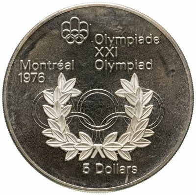 купить Канада 5 долларов (dollars) 1974 "XXI летние Олимпийские Игры, Монреаль 1976 - Олимпийские кольца и венок"