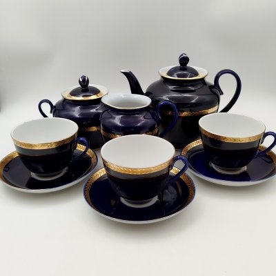 купить Сервиз чайный "Колосок" на 3 персоны (9 предметов), фарфор, крытье кобальтом, золочение, Ленинградский фарфоровый завод (ЛФЗ), СССР, 1960-1970 гг.