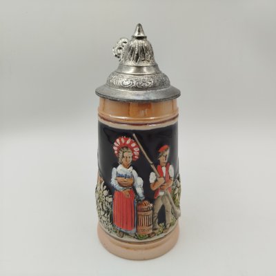 купить Кружка пивная с крышкой, украшенная пасторальной сценой, керамика, олово, роспись, Германия, 1970-1990 гг.