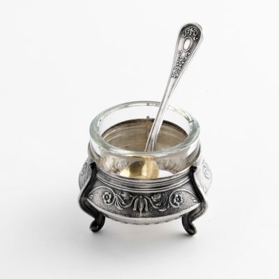купить Солонка с ложечкой, мельхиор, стекло, Мастерская художественная фабрика "Ювелир", СССР, 1979 г.