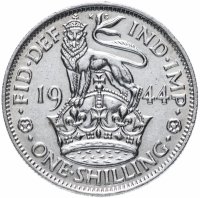 Купить Великобритания 1 шиллинг (shilling) 1944 Английский шиллинг - лев, стоящий на короне