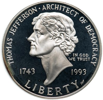 купить США 1 доллар (dollar) 1993 S Jefferson (250 лет со дня рождения Томаса Джефферсона) знак монетного двора "S" - Сан-Франциско
