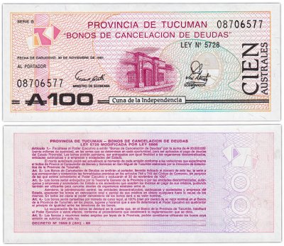 купить Аргентина 100 аустрал 1991 (Provincia de Tucuman)