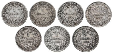 купить Франция набор из 7 монет номиналом 1 франк (franc) 1871-1895