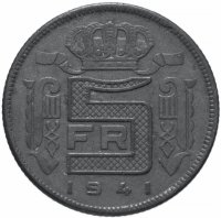 Купить Бельгия 5 франков (francs) 1941 Надпись на голландском - 'DER BELGEN'