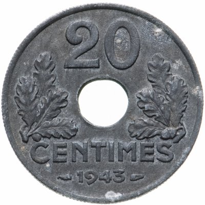 купить Франция 20 сантимов (centimes) 1943 цинк