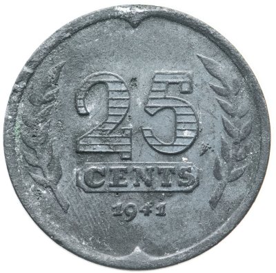 купить Нидерланды 25 центов (cents) 1941-1943 Лодка на аверсе /Цинк/
