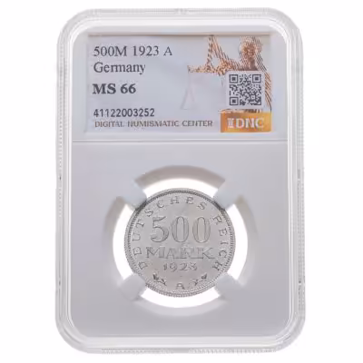 купить Германия 500 марок (mark) 1923, знак монетного двора "A" — Берлин в слабе DNC MS66