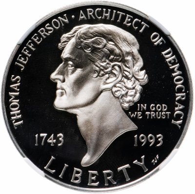купить США 1 доллар (dollar) 1993 S "250 лет со дня рождения Томаса Джефферсона" в слабе NGC