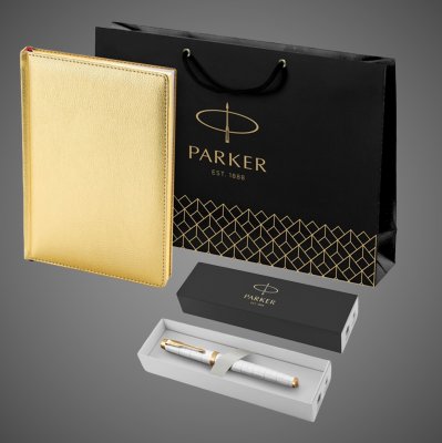 купить Подарочный набор: Ручка перьевая Parker IM Premium F318 Pearl GT, цвет чернил синий и золотистый ежедевник с золотым срезом, Металлы: латунь, сталь, 2026 г.