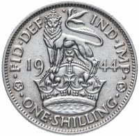 Купить Великобритания 1 шиллинг (shilling) 1944 Английский шиллинг - лев, стоящий на короне