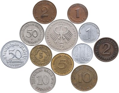 купить Германия набор из 12 монет 1, 2, 5, 10, 50 пфеннигов, 2 марки 1922-1987