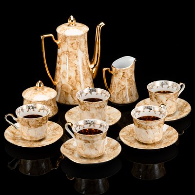 купить Сервиз чайный с декором в виде разводов в песочно-золотистой гамме на 5 персон (13 предметов), фарфор, люстр, золочение, Walbrzych, Польша, 1952-1992 гг.