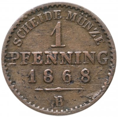 купить Пруссия 1 пфенниг (pfenning) 1868 B, отметка монетного двора: "B" - Бреслау
