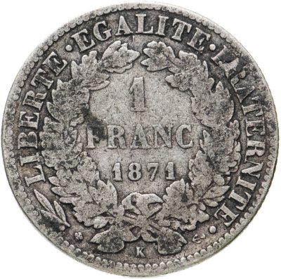 купить Франция 1 франк (franc) 1871 Знак монетного двора: "A" - Париж