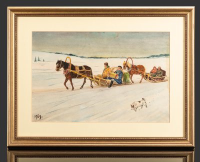 купить Картина "Зимний пейзаж с санями" (название условное), оформленная в паспарту и раму, неизвестный художник, бумага, акварель, СССР, 1969 г.
