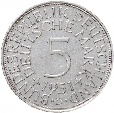 купить Германия 5 марок 1951 знак монетного двора: "D" - Мюнхен